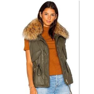 SAM NY Raccoon Fur Hood, Khaki Wax Vest Small